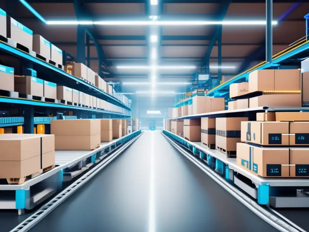 Almacén futurista con robots y etiquetas VeChain Futuro almacén automatizado con etiquetas VeChain, robótica y eficiencia en cadena de suministros