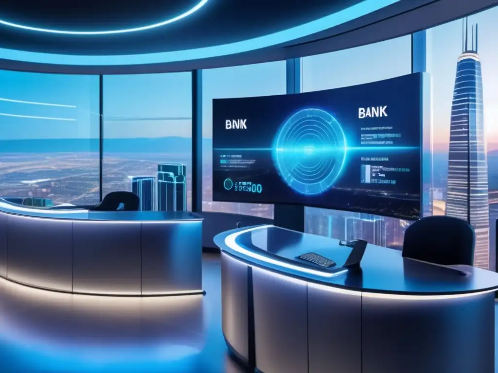Sala de vigilancia bancaria futurista con IA avanzada Futuro banco con inteligencia artificial combatiendo lavado de dinero