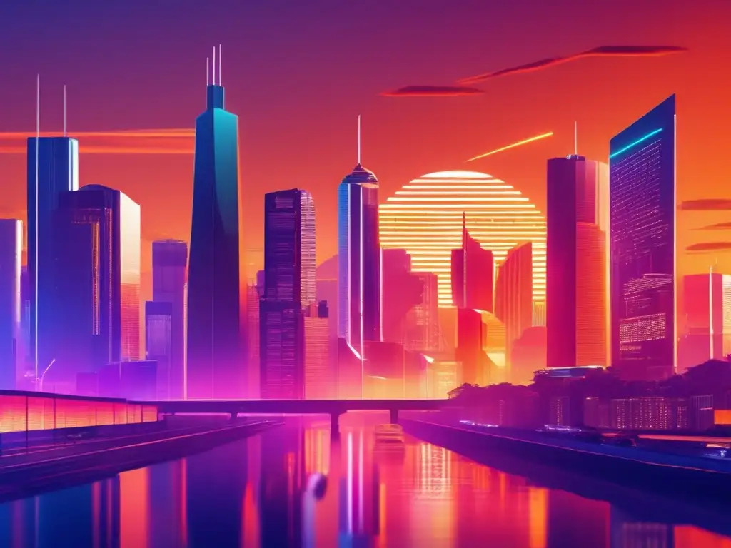 Ciudad futurista con rascacielos y Bitcoin Futuro de Bitcoin: Inversión estratégica para dominar el mercado