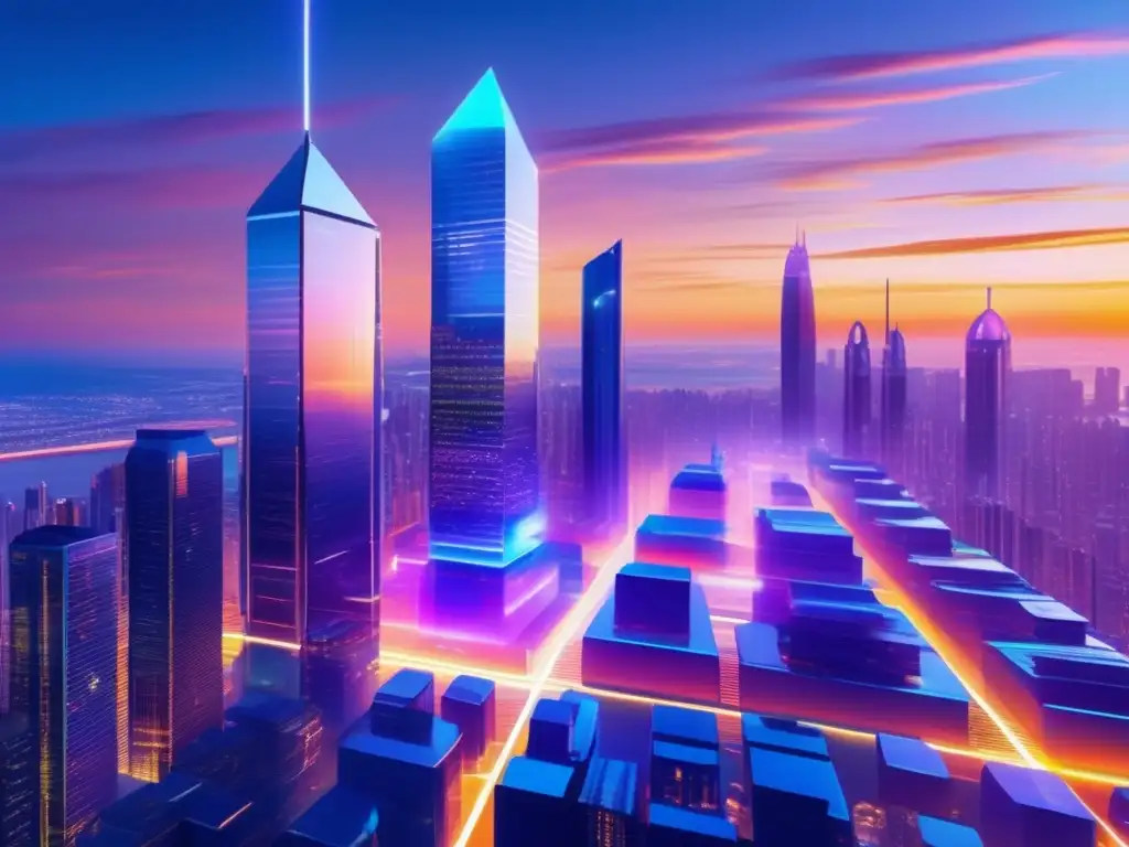 Ciudad futurista y vibrante en la red blockchain Futuro blockchain: Inversiones en criptomonedas para jubilación