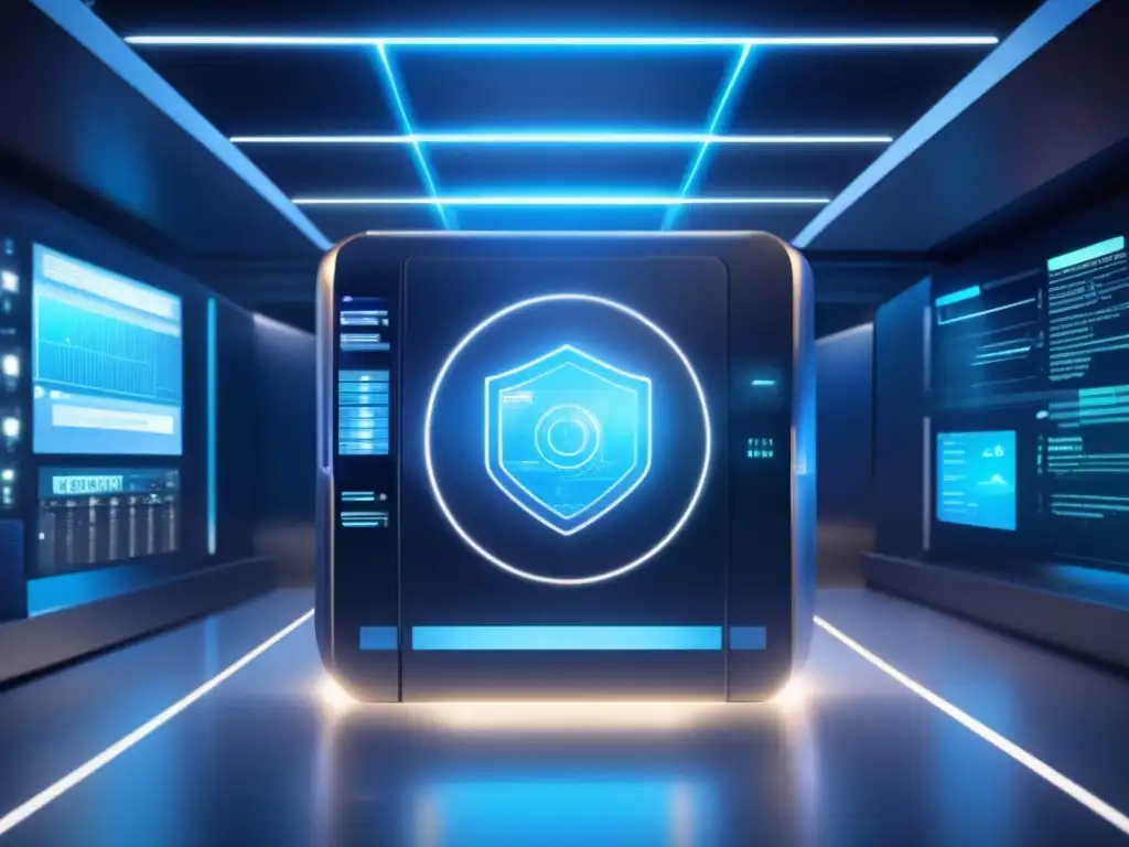 Futuro vault digital con seguridad avanzada Futuro centro de comando de alta tecnología con bóveda digital segura, protección financiera y datos encriptados