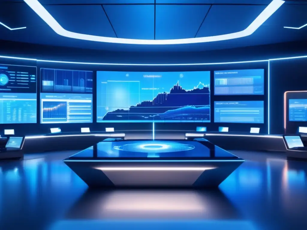 Sala de control financiero futurista Futuro centro financiero con tecnología avanzada y diseño moderno