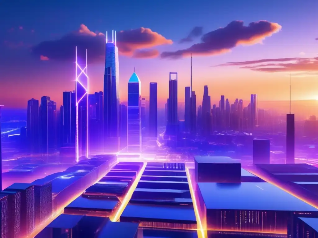 Futuroso ciudad blockchain con torres altas Futuro ciudad con blockchain, criptomonedas y diversidad