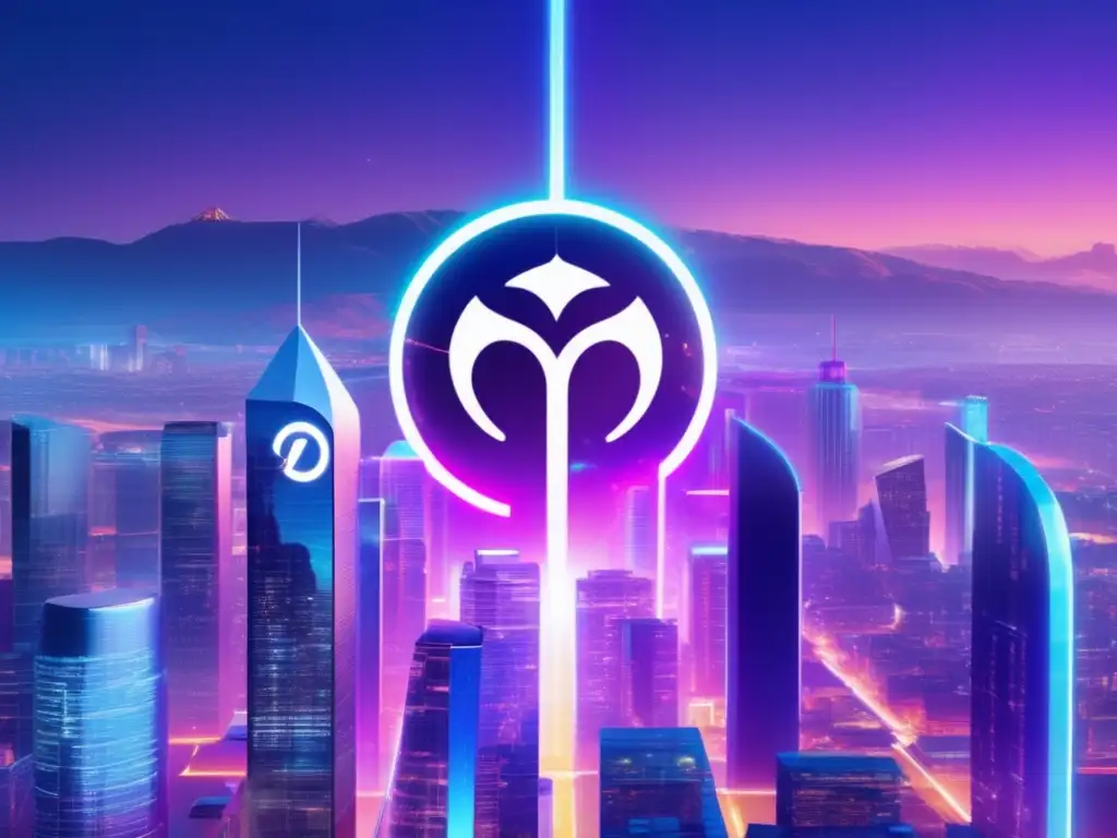 Ciudad futurista con edificios interconectados y tecnología blockchain Futuro ciudad con edificios interconectados, hologramas y tecnología blockchain de Tezos (110 caracteres)