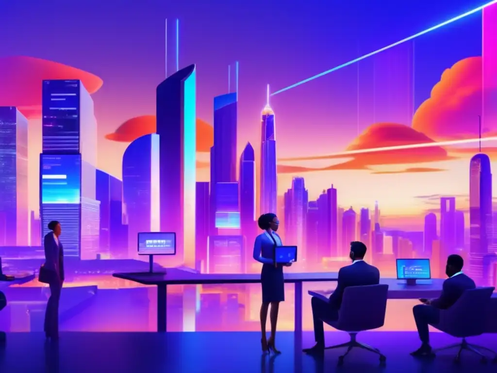 Futurista ciudad con tecnología avanzada y algoritmos en tiempo real Futuro ciudad con edificios modernos y profesionales discutiendo datos financieros - Mitos sobre el rendimiento de los Roboadvisors