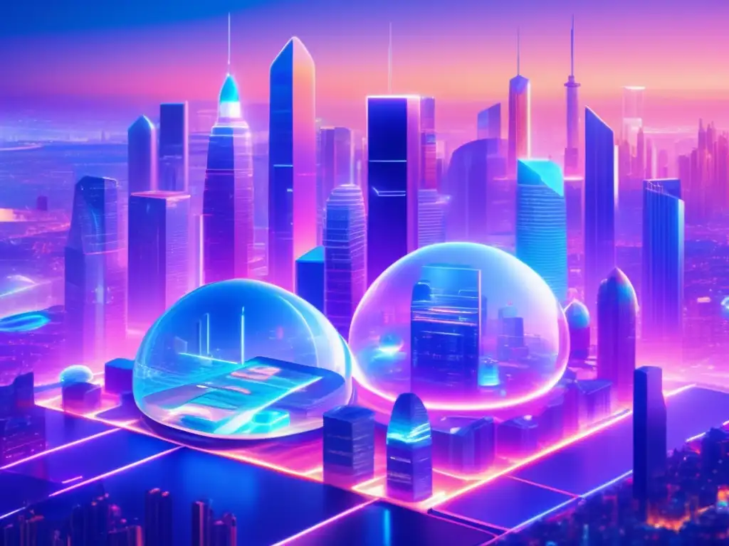 Futuro financiero: ciudad futurista con DeFi Futuro DeFi: Ciudad futurista 8k con rascacielos, cúpulas transparentes y personas usando servicios financieros desde sus dispositivos