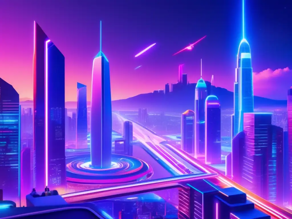Ciudad futurista con tecnología blockchain Futuro ciudad iluminada por luces neón, rascacielos modernos, vehículos voladores y blockchain