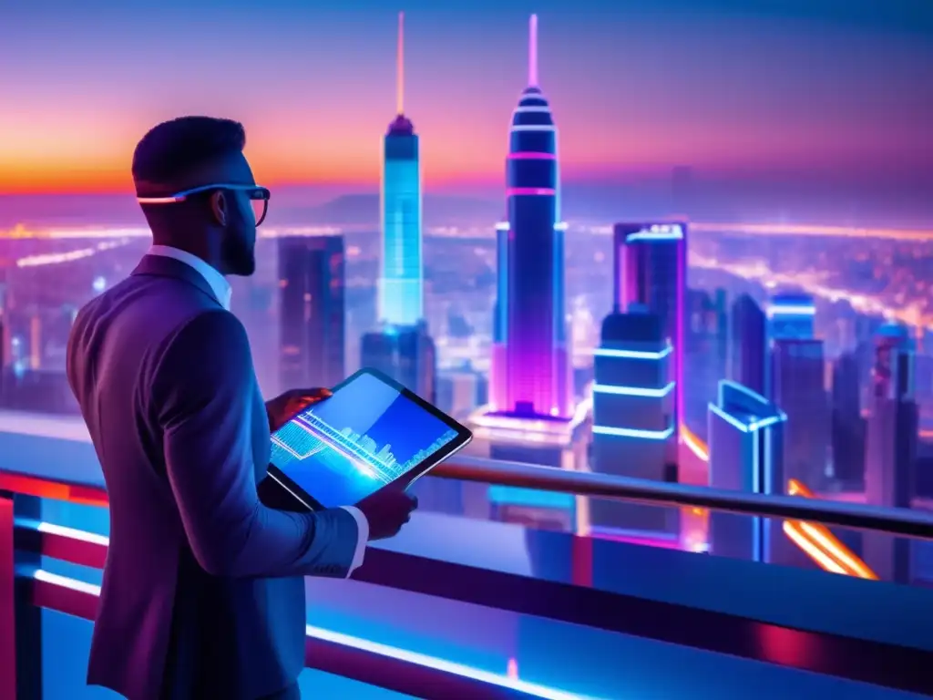 Ciudad futurista con rascacielos y seguro médico Futuro ciudad iluminada con rascacielos y experto en seguros de salud