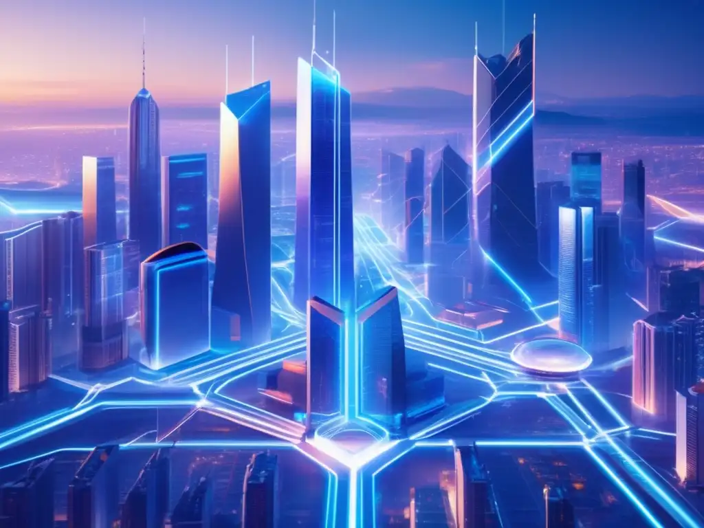 Futurista ciudad inteligente con hologramas y conexión digital Futuro ciudad inteligente con Chainlink: Importancia de contratos inteligentes y datos reales