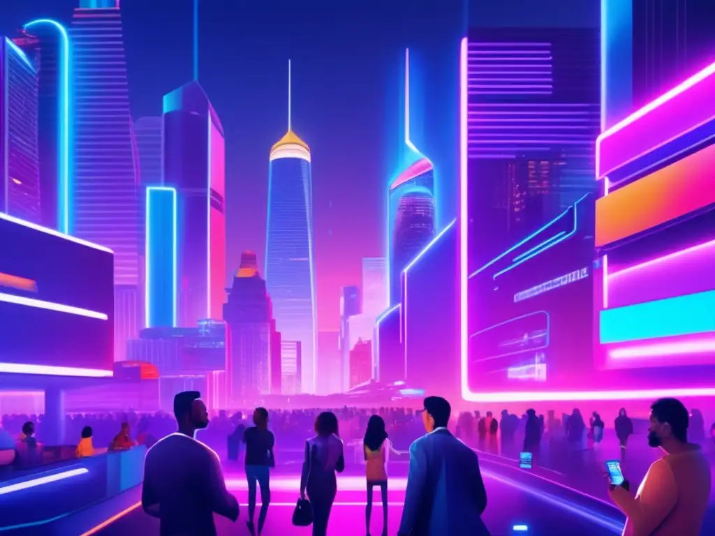 Ciudad futurista: criptomonedas, regulación y tecnología Futuro ciudad nocturna con criptomonedas, ética, leyes, sostenibilidad y sector (110 caracteres)