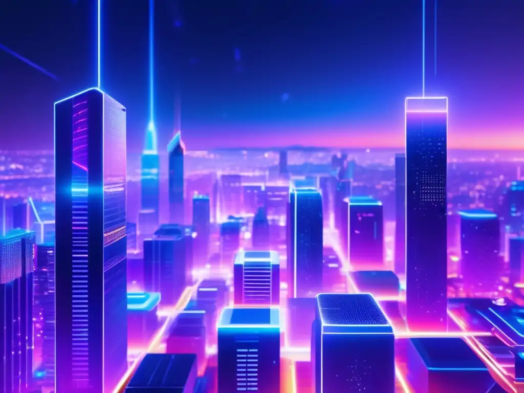 Futuro urbano nocturno con luces de neón y nodos blockchain Futuro ciudad nocturna con rascacielos, blockchain y estrategias de diversificación