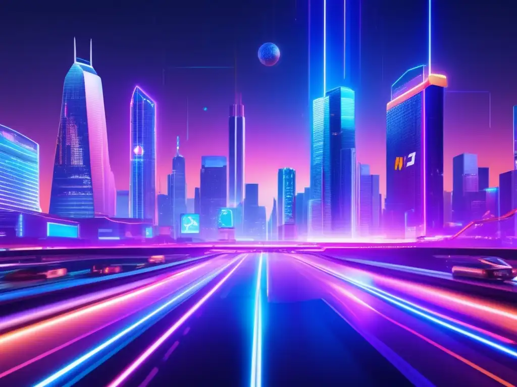 Futuro de criptomonedas en ciudad nocturna Futuro ciudad nocturna con rascacielos, criptomonedas y análisis de mercado: Factores clave criptoanálisis fundamental