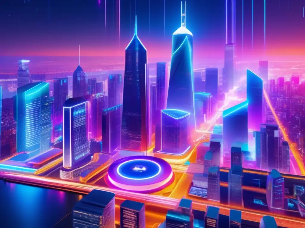 Futurista ciudad nocturna con smart contracts Futuro ciudad nocturna con rascacielos iluminados por luces de neón