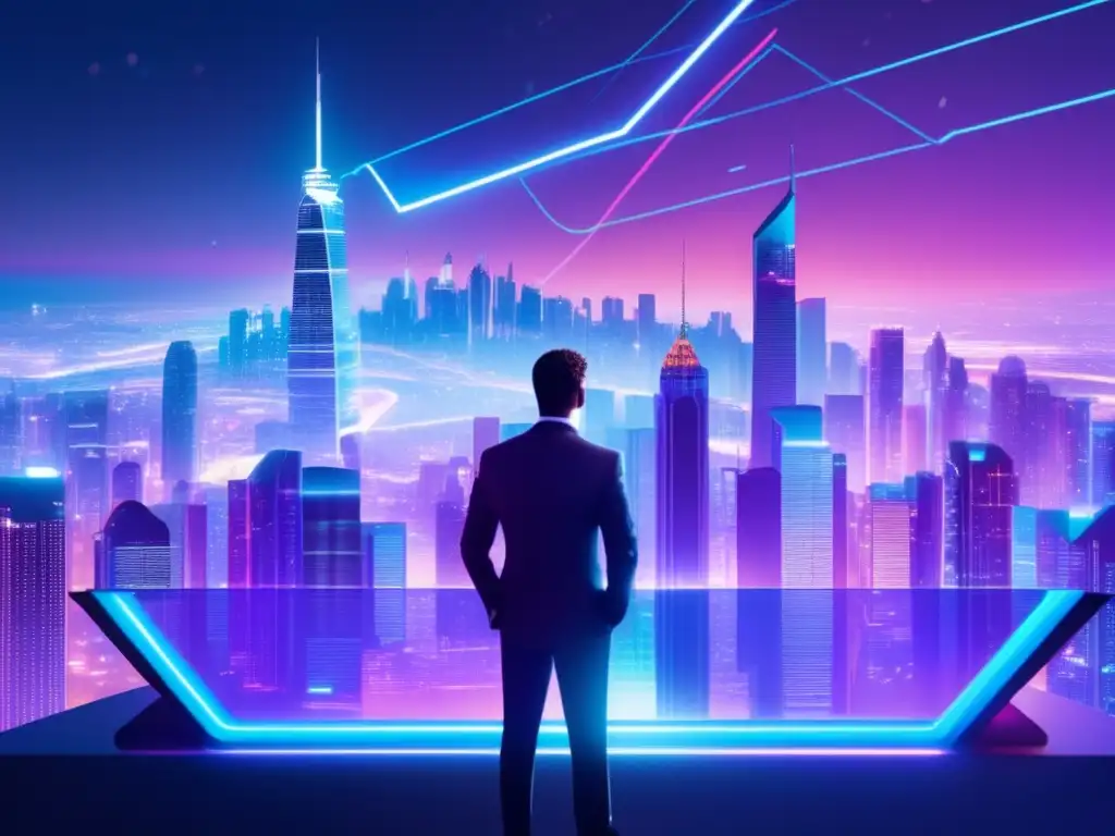Ciudad futurista iluminada con hologramas financieros Futuro ciudad nocturna con rascacielos, IA y ética