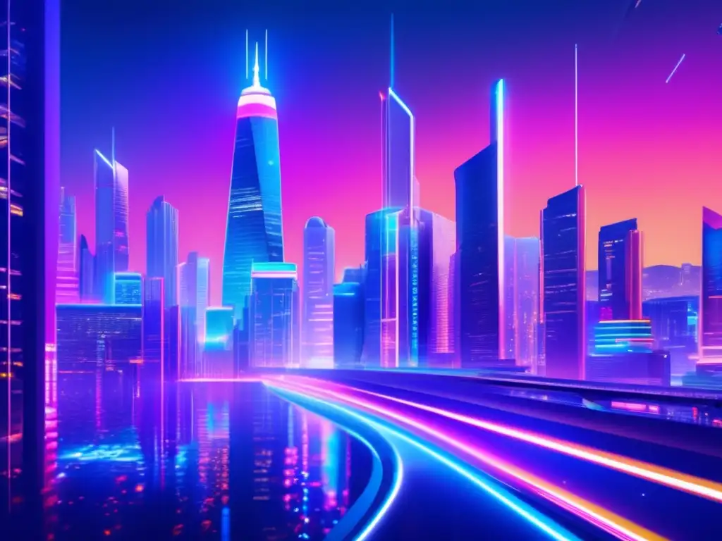 Futuro ciudad nocturna: tecnología y evolución Futuro ciudad nocturna, rascacielos iluminados con luces de neón