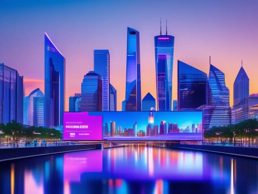 Futurista ciudad financiera Futuro ciudad con rascacielos, datos financieros y gente de negocios - Análisis futuro cartera inversión