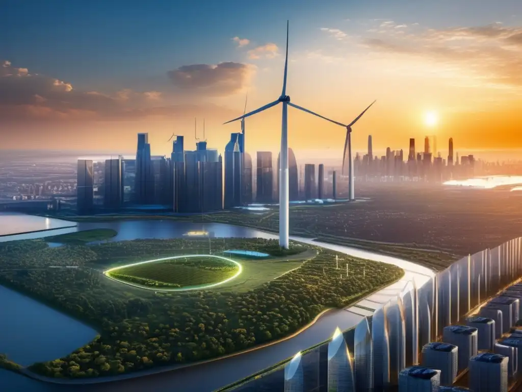 Futuro sostenible: Ciudad moderna y energía renovable Futuro de la ciudad: rascacielos, energía renovable, transporte sostenible, ETFs renovables