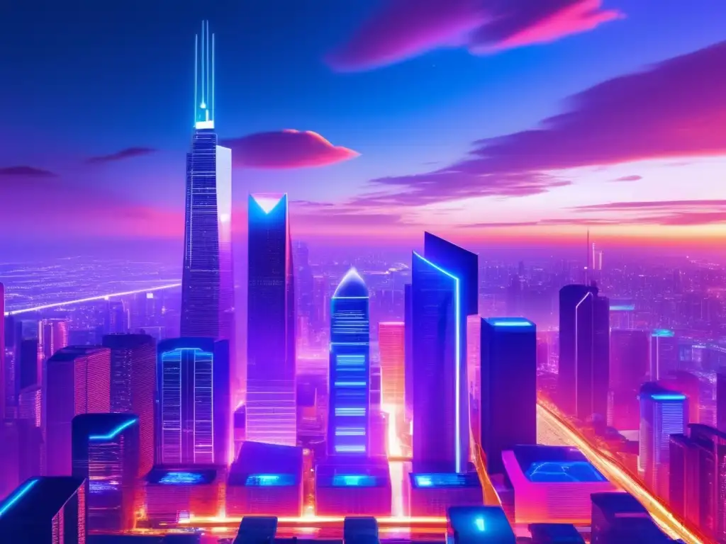 Ciudad futurista iluminada por criptomonedas Futuro ciudad con rascacielos iluminados por luces neón y pantallas cryptocurrency, criptomonedas en 2017: Impacto global y atención capturada