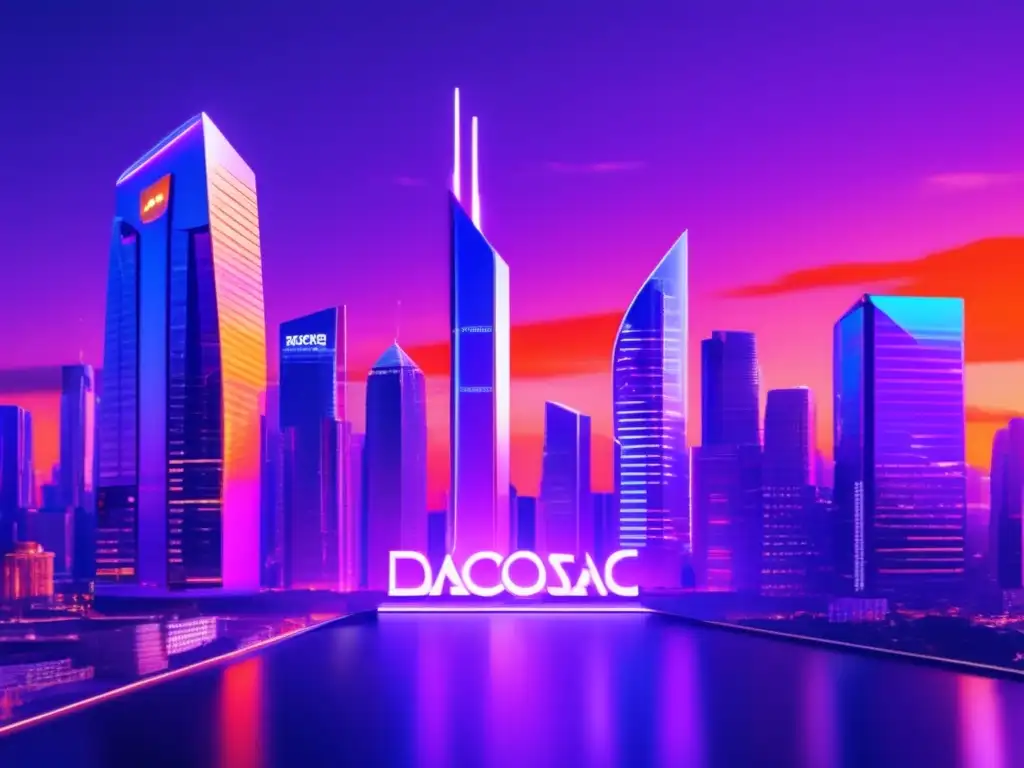 Futuro ciudad de DeFi con rascacielos modernos Futuro ciudad con rascacielos innovadores y DAOs: Beneficios de las DAOs en finanzas