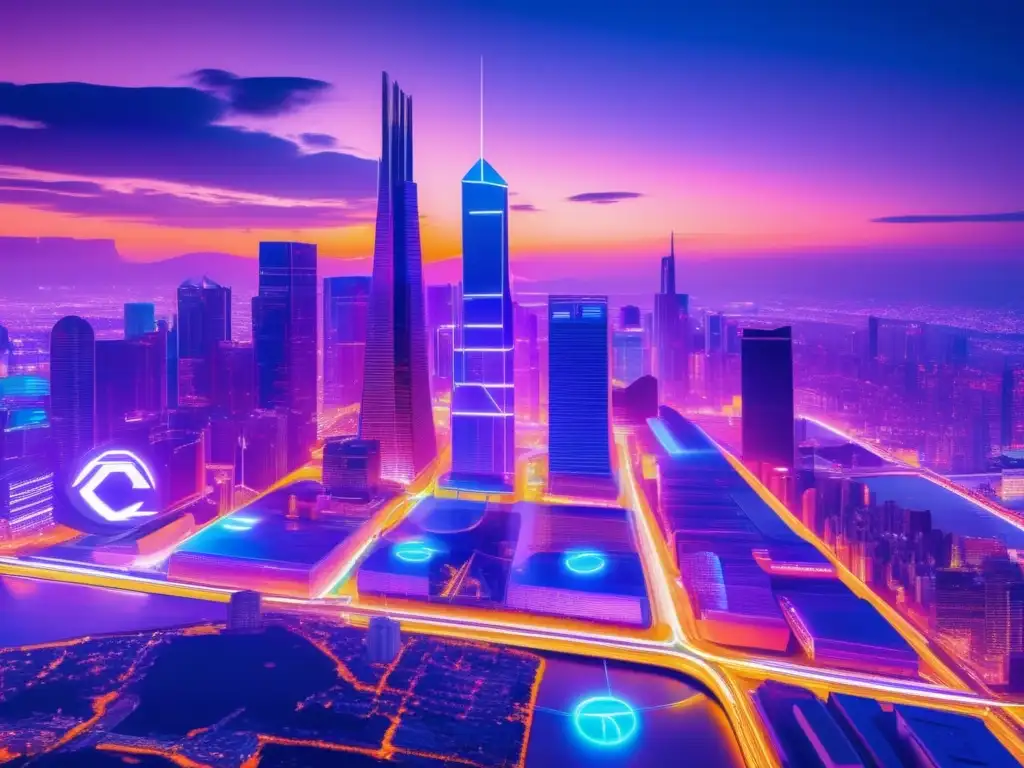 Ciudad futurista con criptomonedas Futuro ciudad con rascacielos, luces neón, criptomonedas y diversificación en staking