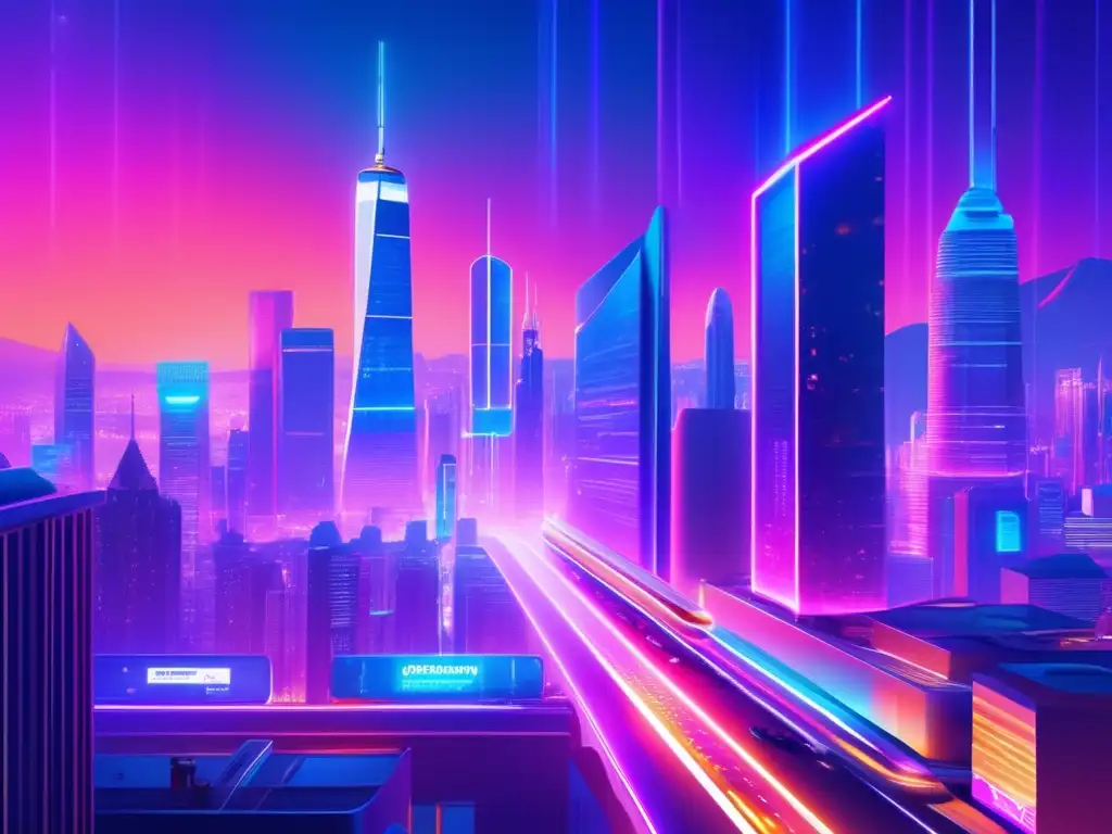 Futurista ciudad con luces neón y tecnología avanzada Futuro ciudad con rascacielos, luz neón y tecnología moderna