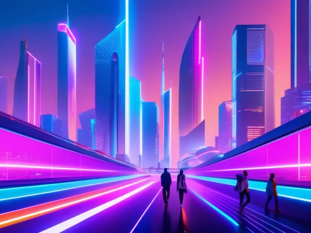 Un horizonte futurista con rascacielos altos Futuro ciudad con rascacielos modernos, luces neon y personas en walkways futuristas
