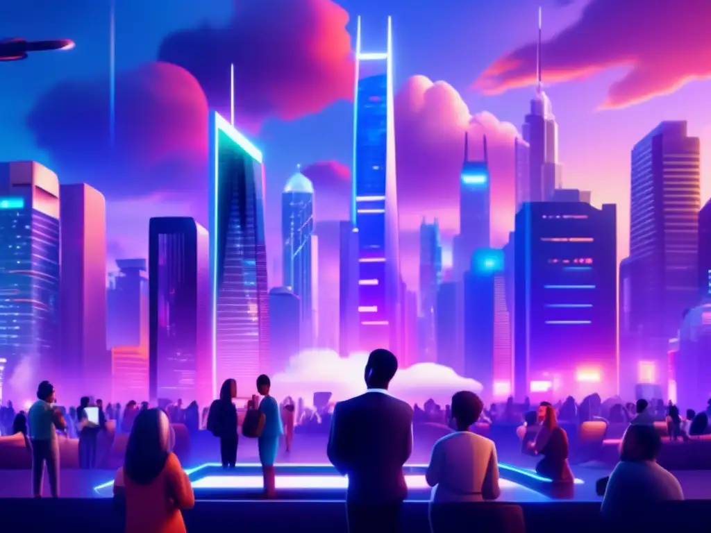 Ciudad futurista con rascacielos y personas discutiendo fintech Futuro ciudad con rascacielos y personas diversas discutiendo fintech democratizando inversiones