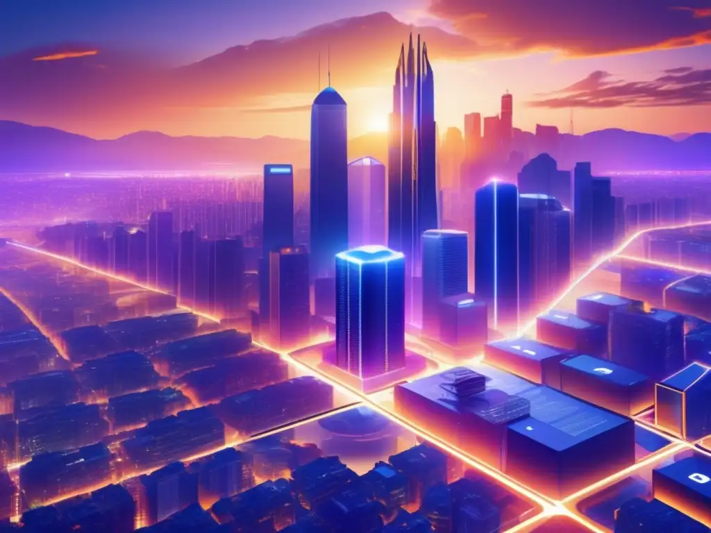 Futuro ciudad blockchain Futuro ciudad con rascacielos, tecnología blockchain y microfinanzas