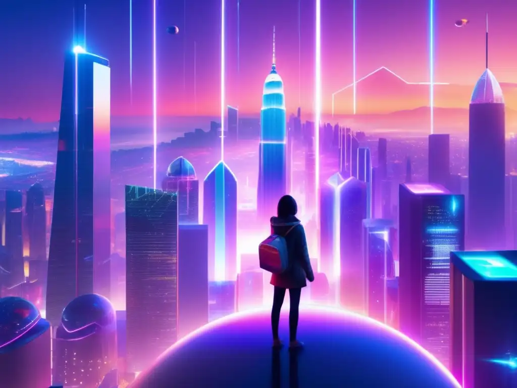 Futurista ciudad con rascacielos, tecnología y criptomonedas Futuro ciudad con rascacielos, tecnología, políticas monetarias y criptomonedas