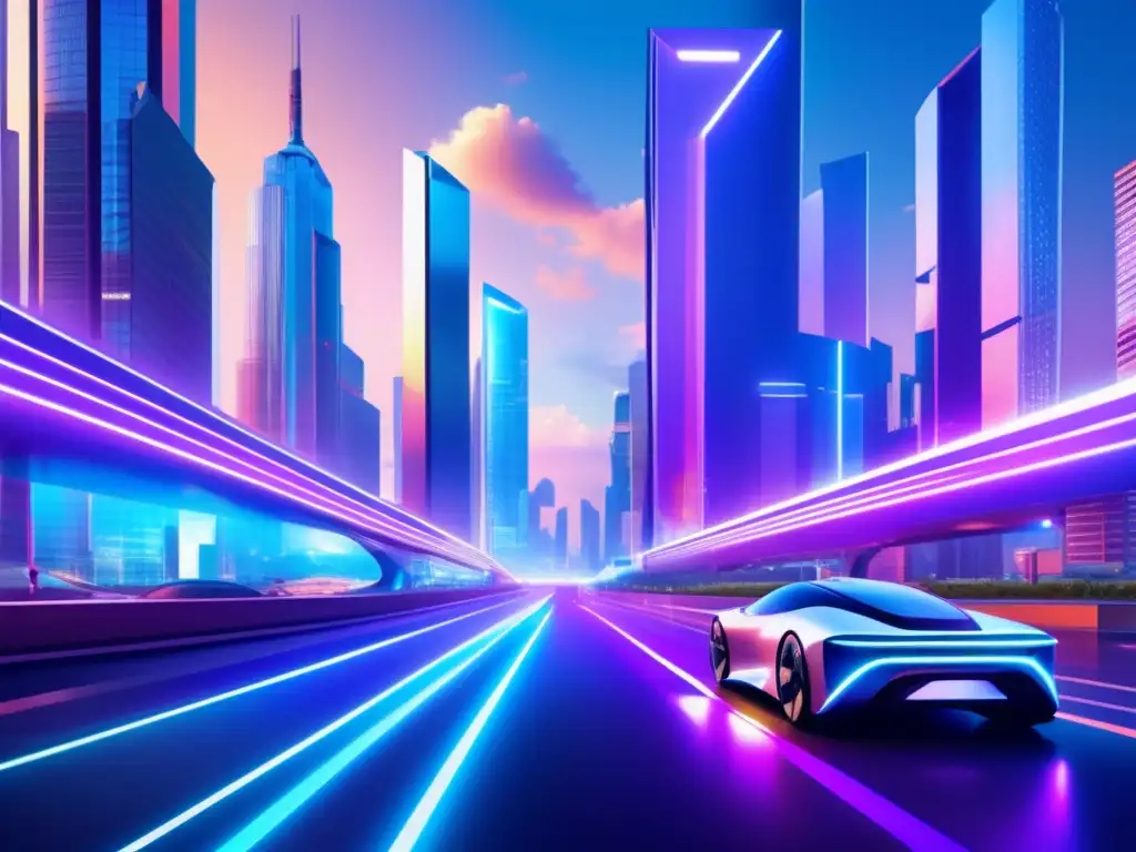 Ciudad futurista con tecnología blockchain Futuro blockchain: ciudad con rascacielos, vehículos transparentes y hologramas - Desentrañando Blockchain: Revolución financiera asegurada