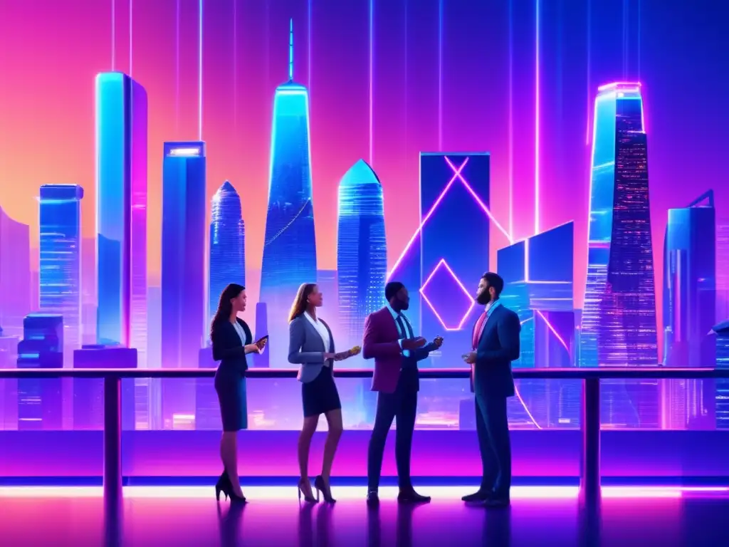 Futuro skyline con rascacielos de cristal y acero, debate sobre regulación de criptomonedas Futuro ciudad con rascacielos de vidrio y acero, iluminada por luces de neón y debate sobre regulación criptomonedas