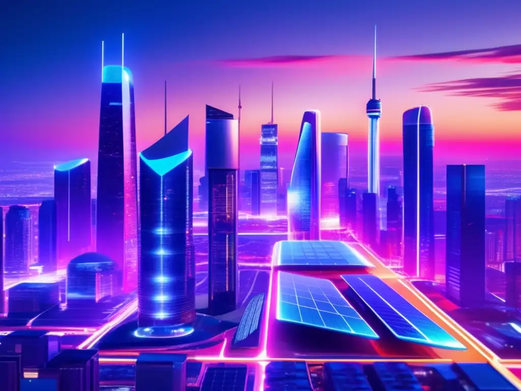Futurista ciudad con rascacielos y energía renovable Futuro ciudad con rascacielos de vidrio y acero, energía renovable y planificación fiscal en el sector energético