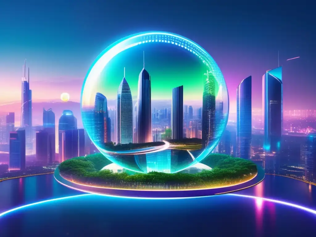 Ciudad futurista con rascacielos de cristal, naturaleza y tecnología Futuro ciudad con rascacielos de vidrio y acero, rodeada de naturaleza, simbolizando la eficiencia energética en criptomonedas
