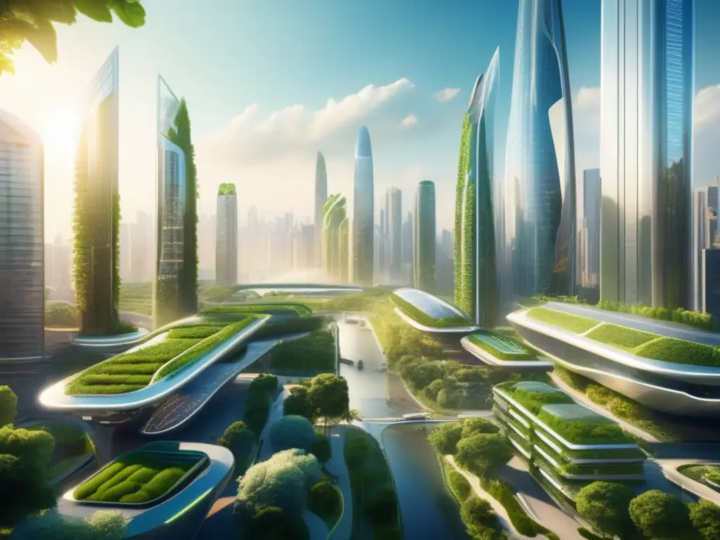 Ciudad futurista sostenible con rascacielos verdes Futuro ciudad sostenible: Energía renovable, innovación tecnológica y nuevas inversiones