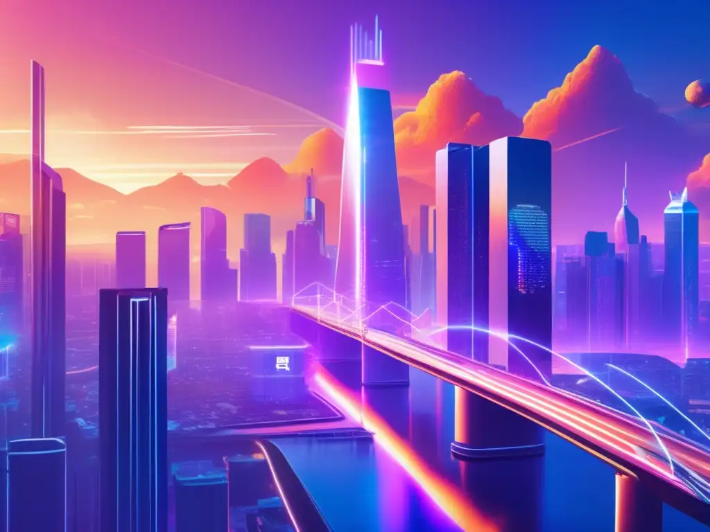 Ciudad futurista con rascacielos y hologramas Futuro de contratos inteligentes con mejores plataformas, ciudad futurista con rascacielos, puentes transparentes y una comunidad diversa