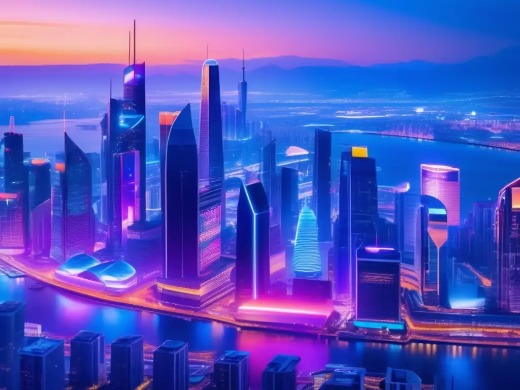 Ciudad futurista con luces neón, fintech y ecommerce Futuro de la convergencia Fintech Ecommerce