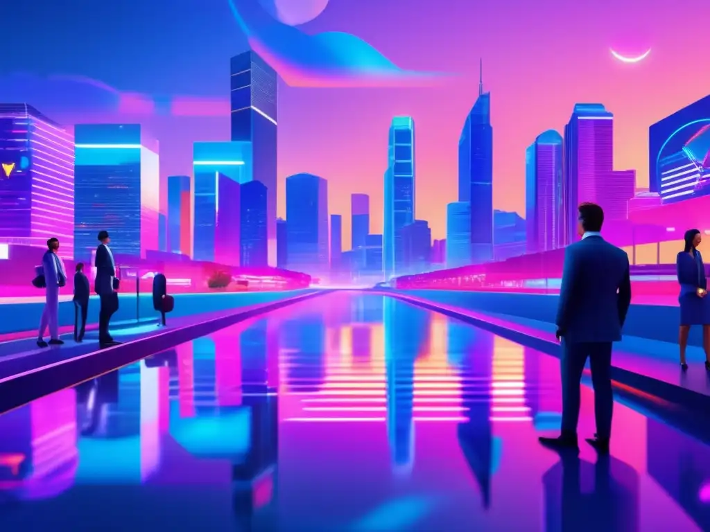 Futuro de criptoactivos y fiscalidad Futuro cripto: Ciudad moderna con rascacielos, inversores discutiendo fiscalidad de criptoactivos