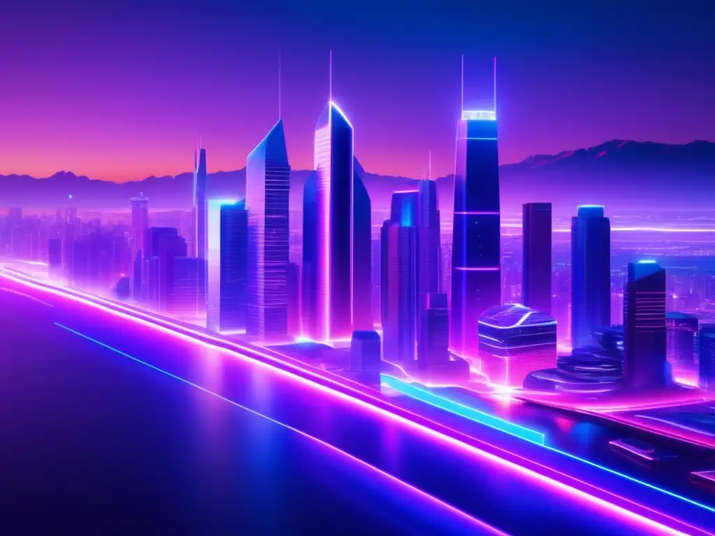 Futuro criptográfico: ciudad digital y hologramas Futuro cripto con potencial: paisaje digital futurista con rascacielos y hologramas de criptomonedas