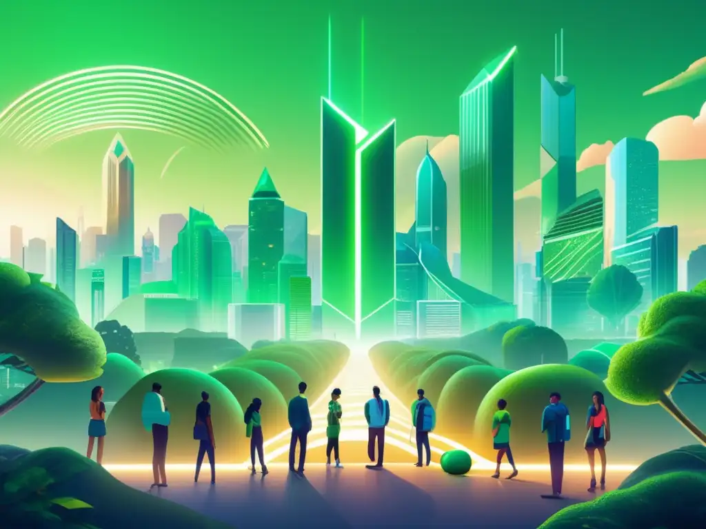 Futuro sostenible: ciudad blockchain verde Futuro criptoambiental con rascacielos de blockchain: impacto ambiental de las criptomonedas