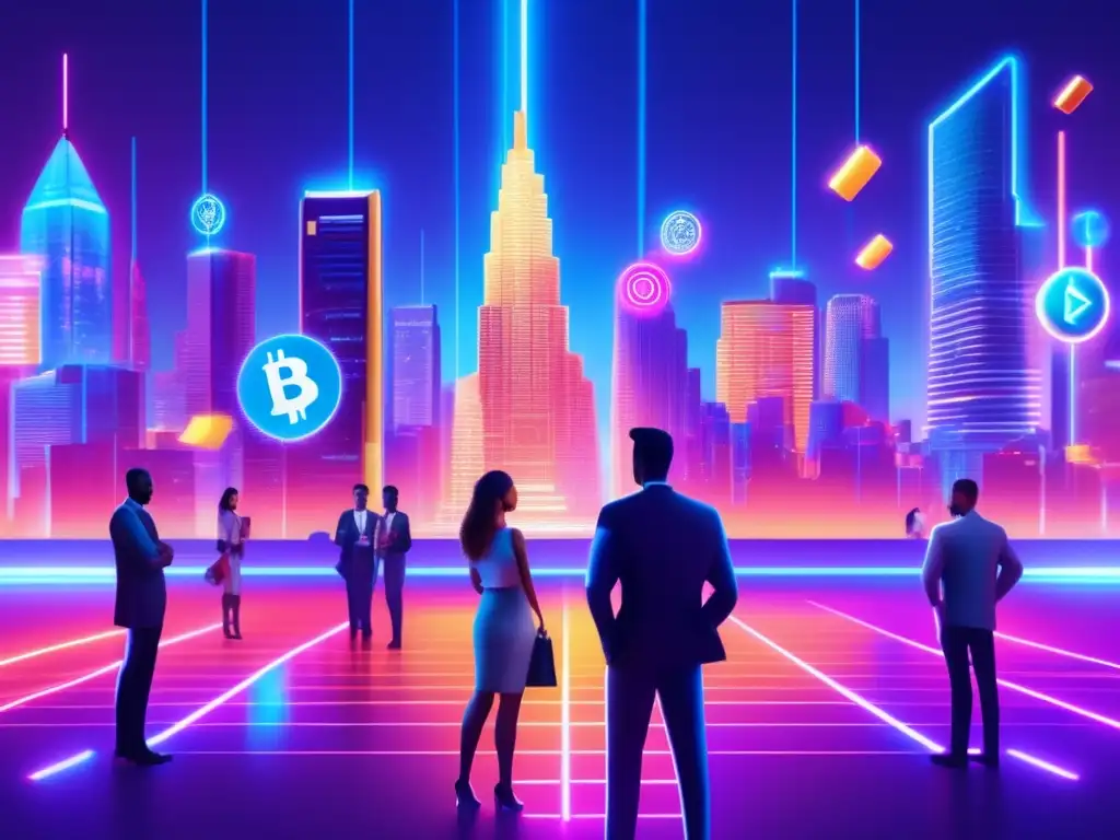 Futuro cripto: paisaje digital con rascacielos brillantes (46 caracteres) Futuro criptográfico: ciudad 8k, rascacielos símbolos cripto, luces neón, diversidad, educación, crecimiento financiero