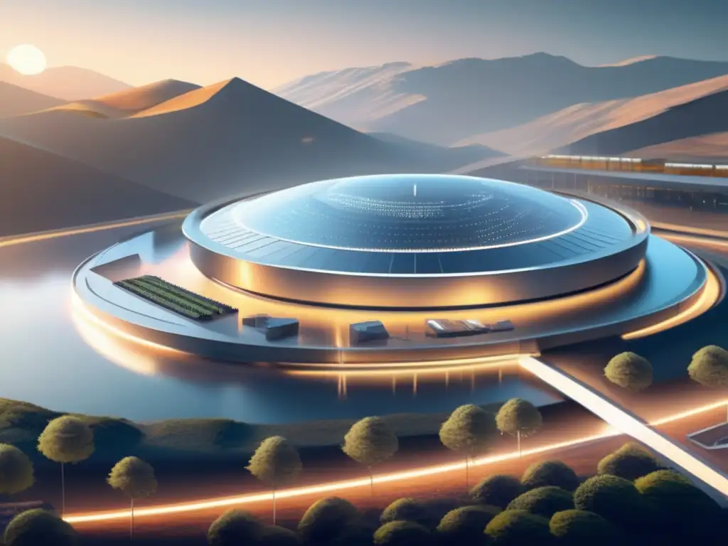 Instalación futurista de minería de criptomonedas Futuro cripto-minería: instalación 8k sofisticada, minimalista y ecológica en montaña con beneficios de diversificación en criptomonedas