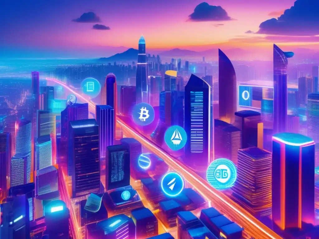Futuro de criptomonedas: ciudad innovadora Futuro criptomonedas más allá Bitcoin: ciudad futurista, tecnología avanzada, transacciones financieras AR, hologramas, datos criptográficos