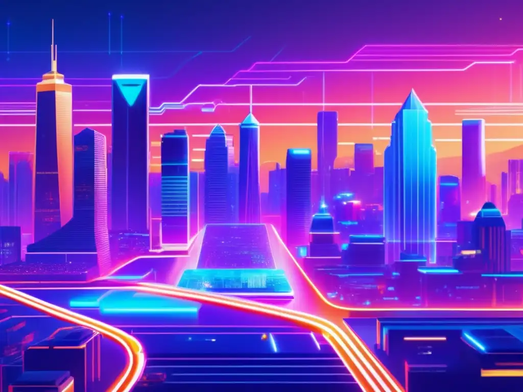 Ciudad futurista de criptomonedas Futuro de criptomonedas: ciudad digital, criptos brillantes, actividades mineras y vehículos eléctricos