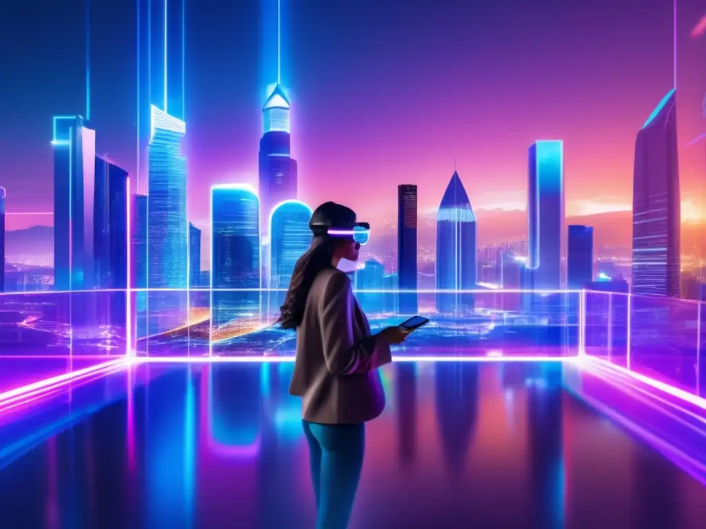 Futuro tecnológico: Ciudad transparente y criptomonedas Futuro de las criptomonedas: Ciudad futurista con arquitectura moderna y tecnología blockchain, AR y transacciones criptográficas
