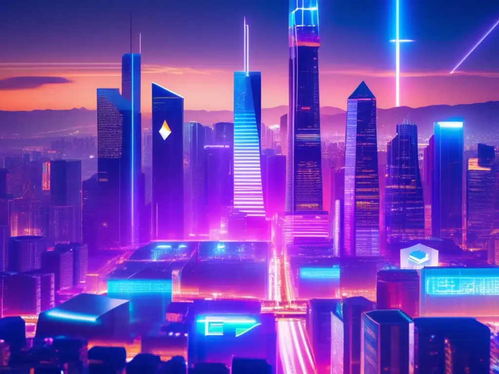 Ciudad futurista con rascacielos de criptomonedas Futuro de las criptomonedas: Ciudad futurista con rascacielos de símbolos de criptomonedas, proyectando su adopción masiva