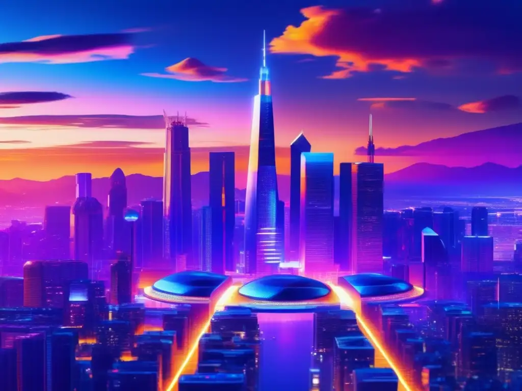 Futuro de las criptomonedas Futuro criptomonedas: Ciudad futurista con rascacielos, criptos holográficas y drones, imagen 8k