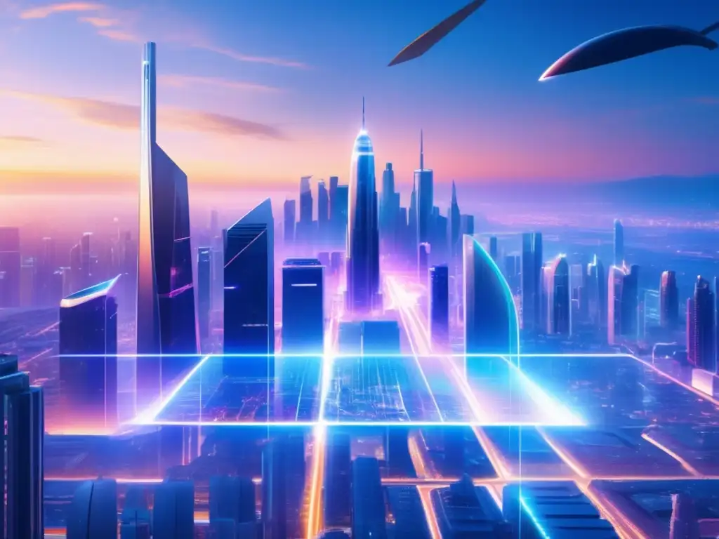 Futuro ciudad futurista con rascacielos y criptomonedas Futuro de las criptomonedas en una ciudad futurista con rascacielos de vidrio y acero, tecnología avanzada, y vehículos voladores
