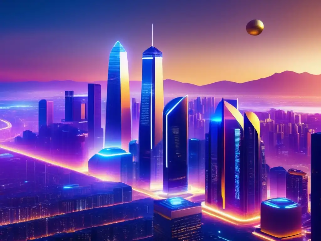 Futuro urbano con criptomonedas Futuro de las criptomonedas en una ciudad futurista con rascacielos y tecnología avanzada