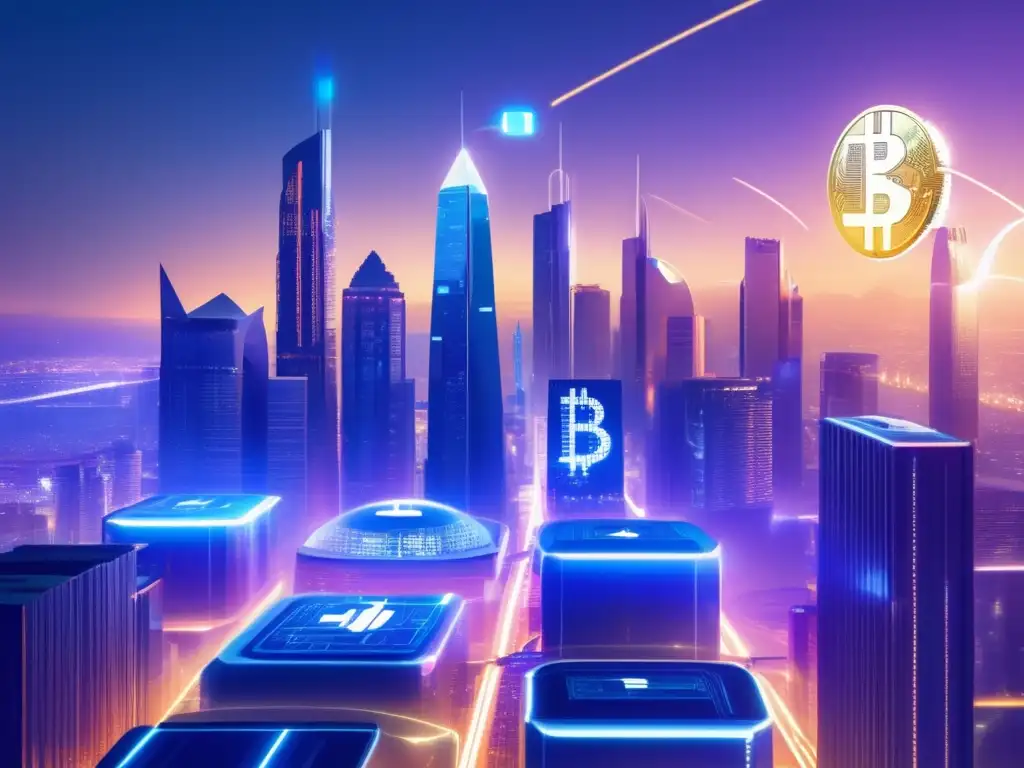 Futuro de las criptomonedas Futuro de las criptomonedas: Ciudad futurista con rascacielos de símbolos de Bitcoin y Ethereum, autos voladores y profesionales debatiendo blockchain