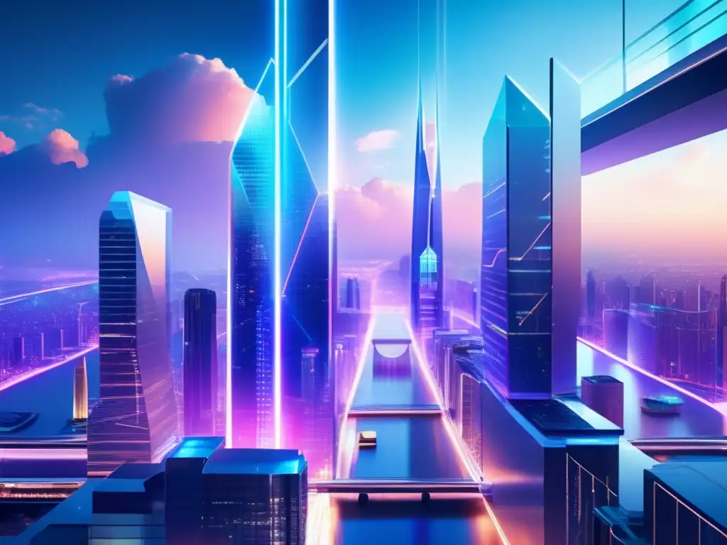 Futuroso skyline blockchain con rascacielos y arquitectura moderna Futuro de las criptomonedas: Ciudad futurista con rascacielos, arquitectura moderna, hologramas y símbolos blockchain